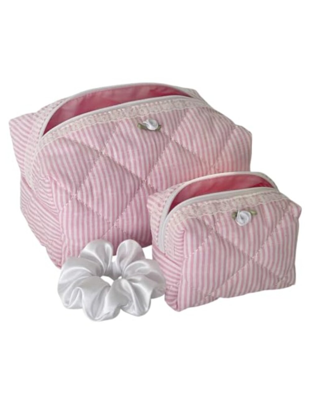 Quilted Cotton Makeup Bag Set 2 Lace Rosette Silk Scrunchie Travel Toiletry Gift